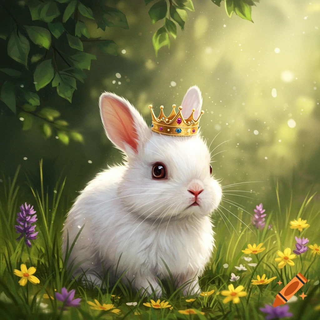 A cute white bunny wearing a golden crown sits in a vibrant green meadow with colorful wildflowers, digitally illustrated.
