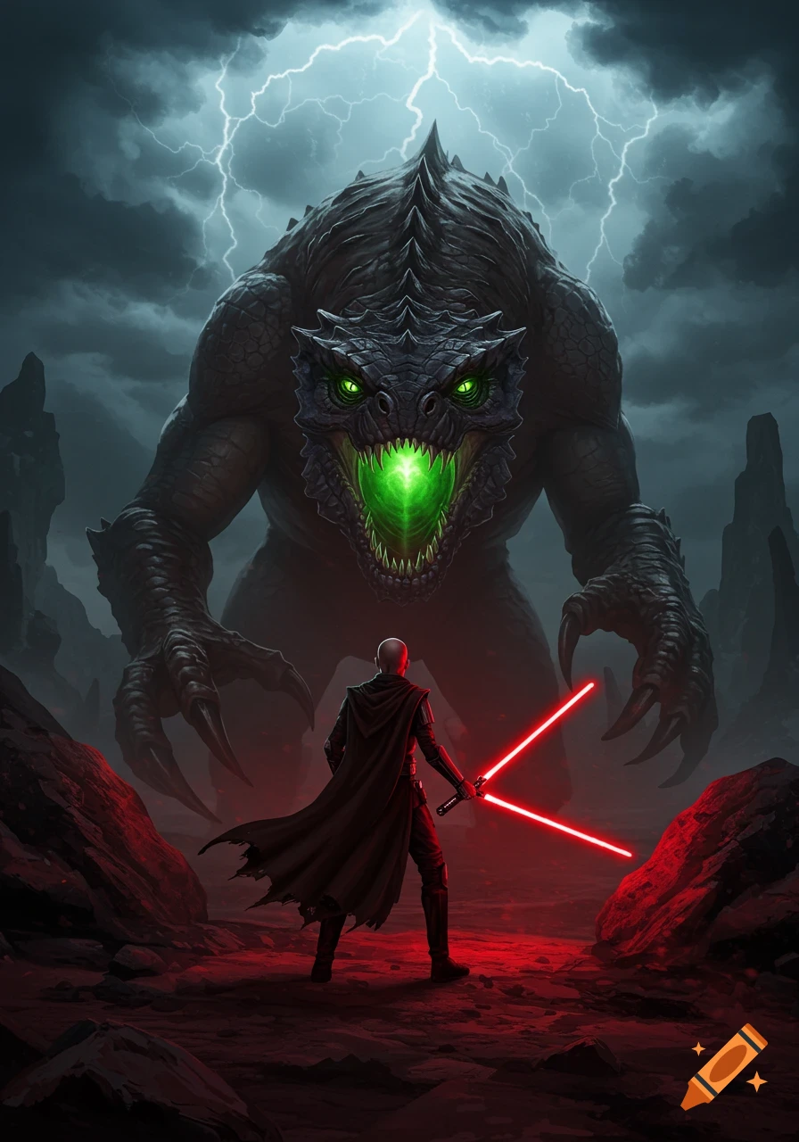 A bald Sith Lord with two red lightsabers stands before a colossal, green-eyed monster on a desolate, storm-ravaged planet.