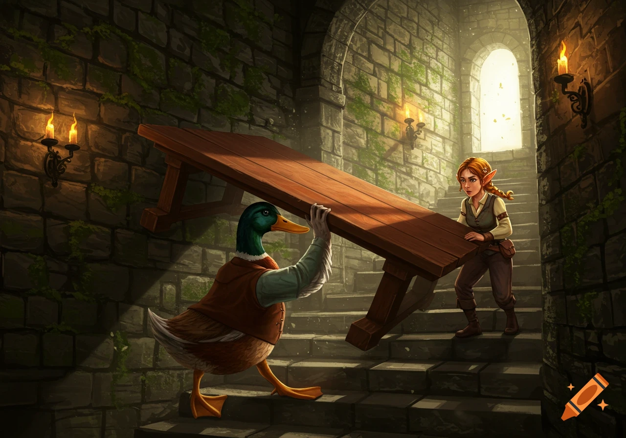A duck person and a female halfling carry a large wooden table up stone stairs in a dimly lit, moss-covered dungeon. A bright archway is visible at the top.