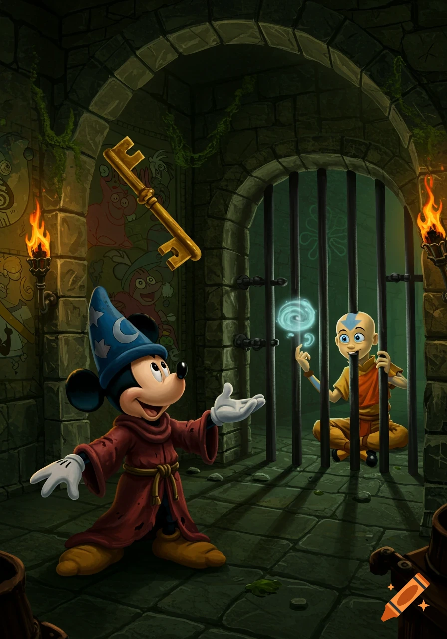 Sorcerer Mickey Mouse stands in a dungeon as a golden key floats above, while Aang performs magic behind bars. Cartoon style.