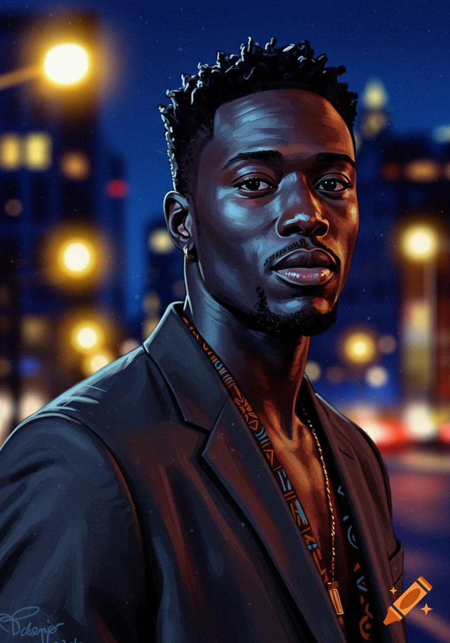 Stylized portrait of a Black man with short textured hair and a beard, wearing a blazer over a patterned shirt, illuminated by city lights.