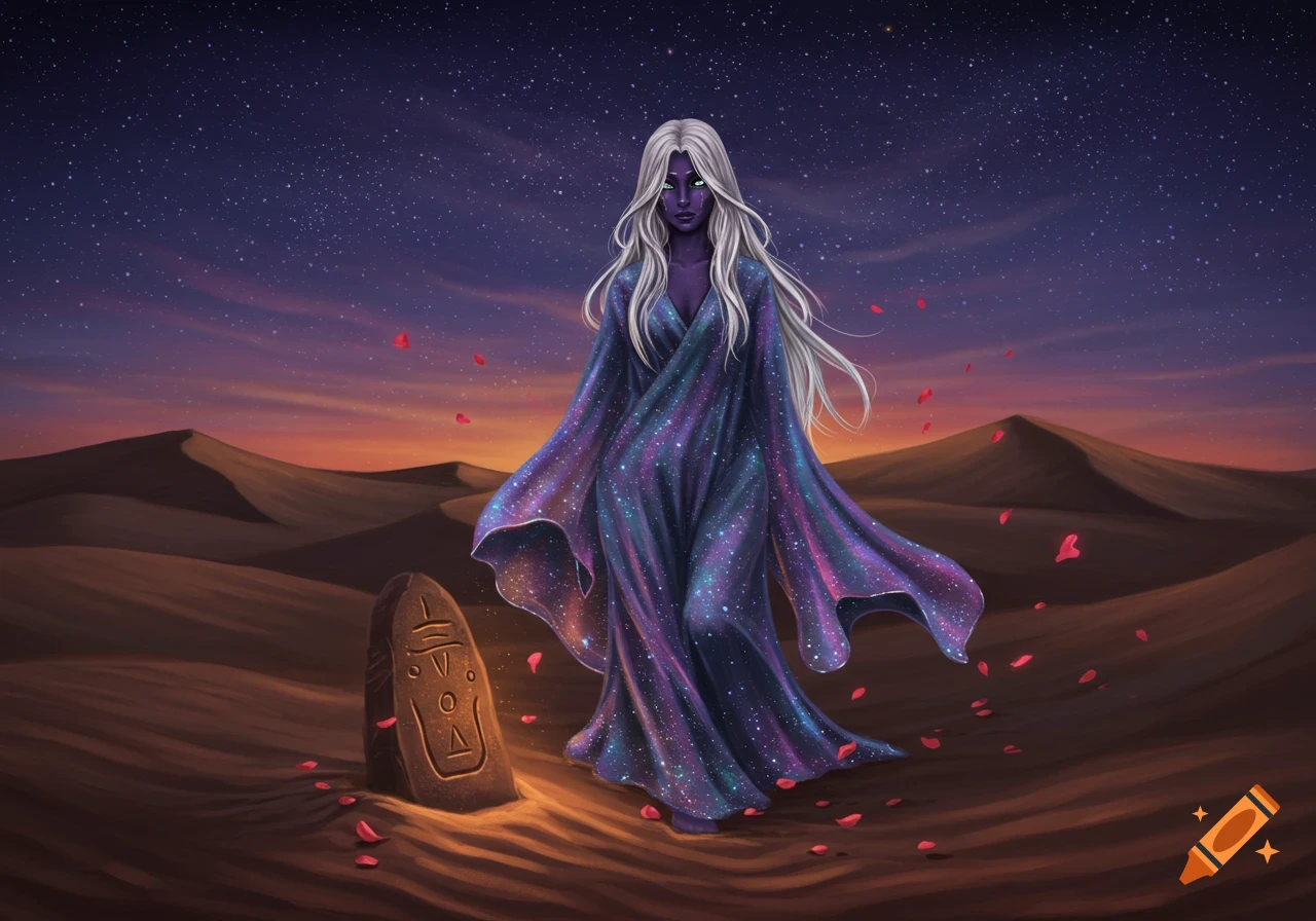 A purple-skinned woman with long white hair and a flowing starry dress stands in a desert with a stone monolith under a starry dusk sky.