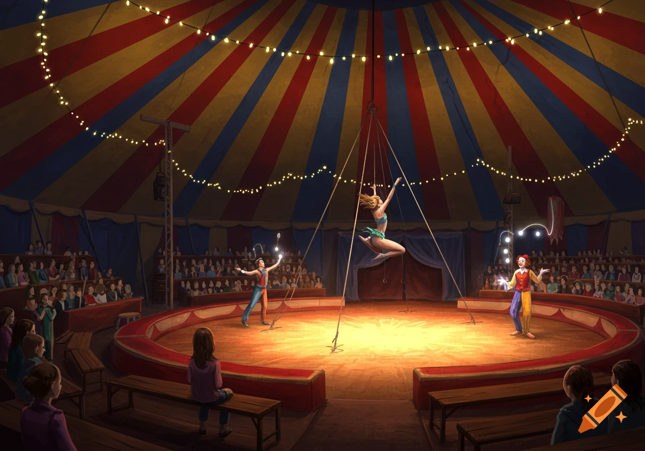 A colorful circus tent with an acrobat performing on ropes, a juggler, and a performer on a lit stage in front of an audience.