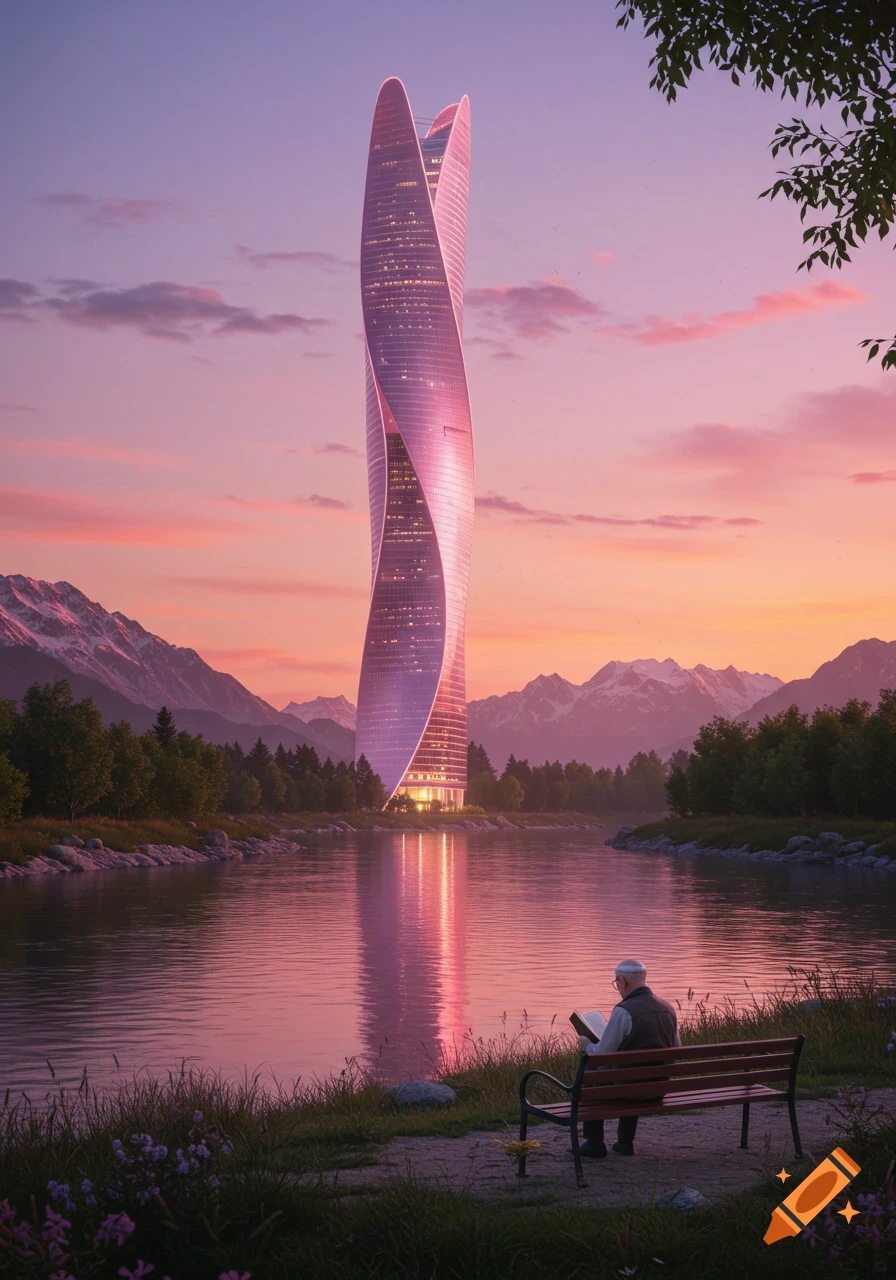 A futuristic pink twisted skyscraper reflected in a river with mountains, forests, and an old man reading on a bench at sunset.