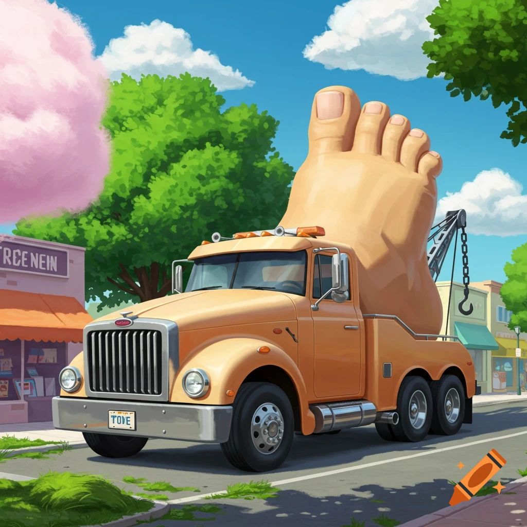 A yellow tow truck drives down a street carrying a giant human foot, with trees and buildings in the background. Cartoon style.