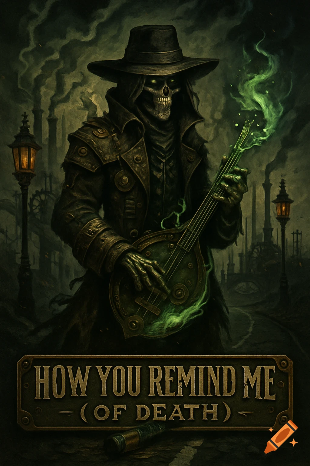 Dark gothic steampunk illustration of the Grim Reaper playing a glowing green mandolin in an industrial wasteland. Text "How You Remind Me (of Death)".