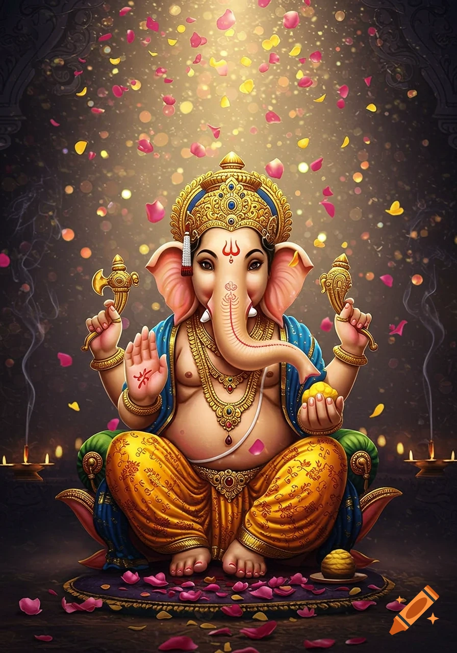 Vibrant illustration of the Hindu deity Ganesha sitting with golden adornments, holding offerings, as colorful flower petals shower down.