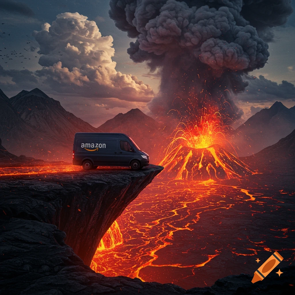 An Amazon delivery van sits precariously on a cliff edge overlooking a massive volcanic eruption with flowing lava and smoke.