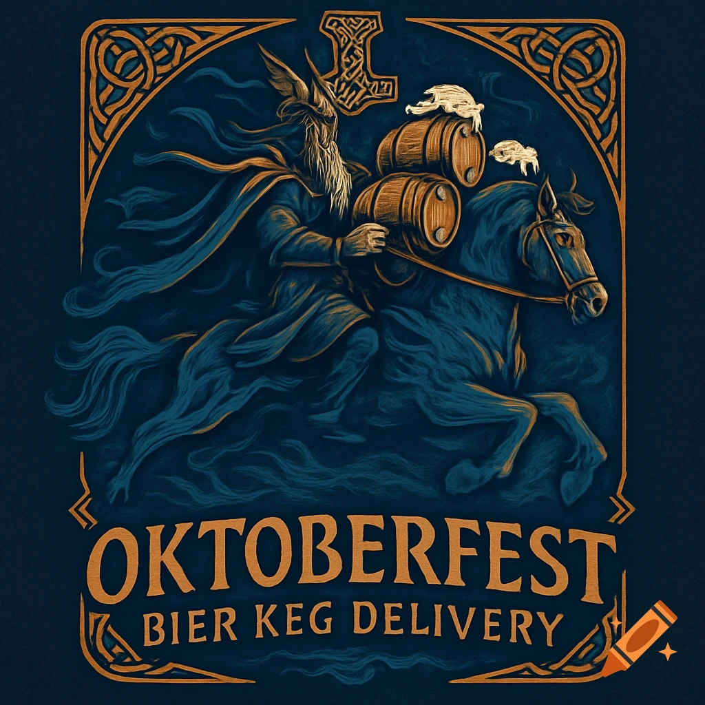 Stylized illustration of a Viking-like figure on a horse delivering beer kegs, with 'Oktoberfest Bier Keg Delivery' text in a decorative frame.