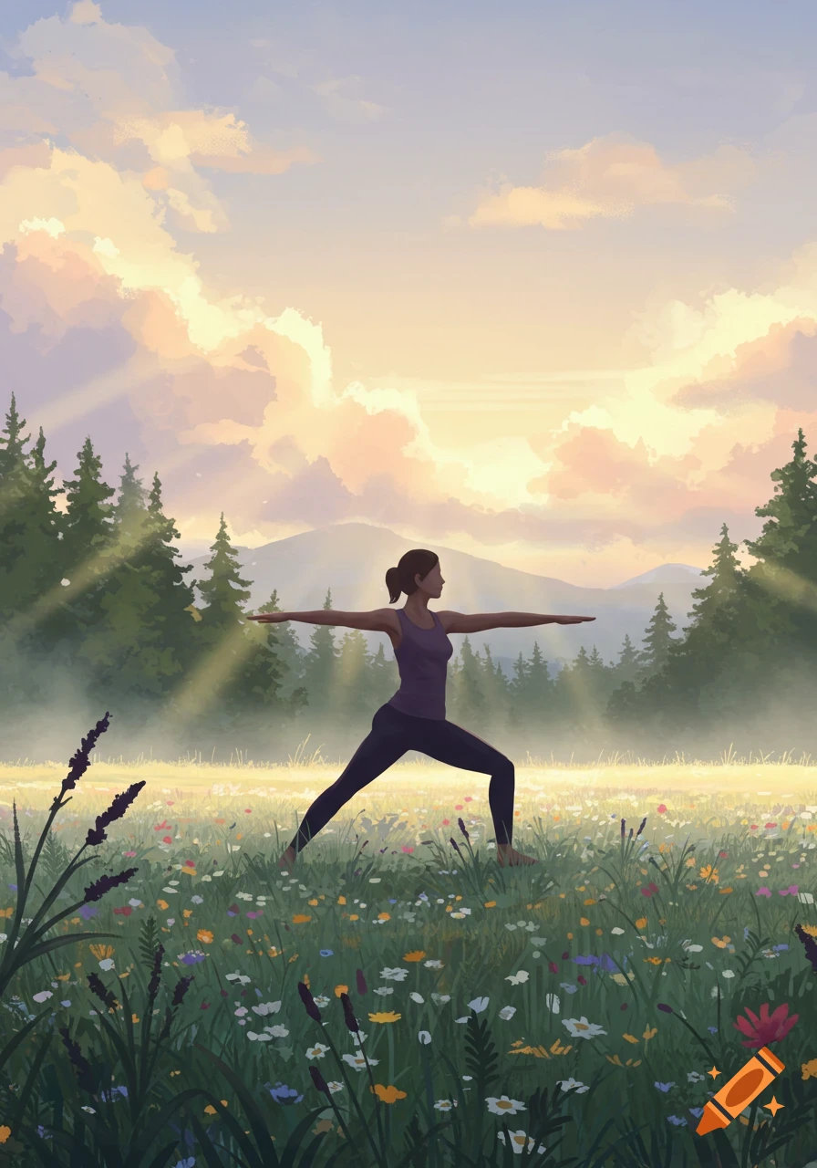 A woman practices Warrior II yoga in a vibrant wildflower field at sunrise, with forests and mountains in the background, in an illustrated style.