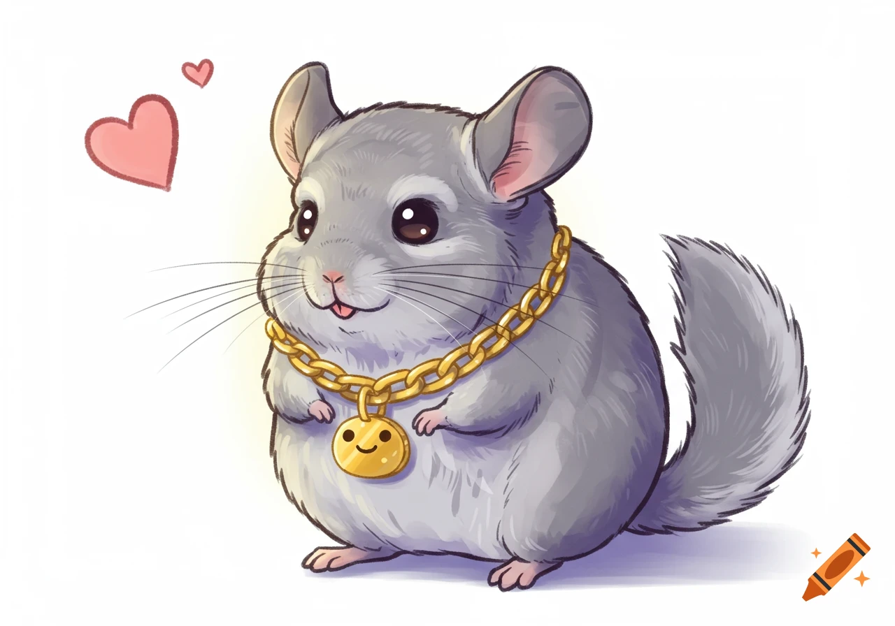 A cute animated chinchilla with a big gold chain and a smiley face pendant, with two pink hearts floating above it, on a white background.