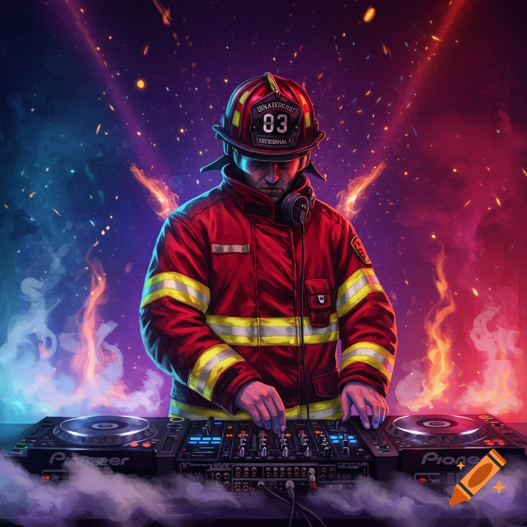 A stylized image of a firefighter wearing a helmet and headphones, intensely focused on mixing music on DJ turntables, surrounded by neon lights, fire, and smoke.