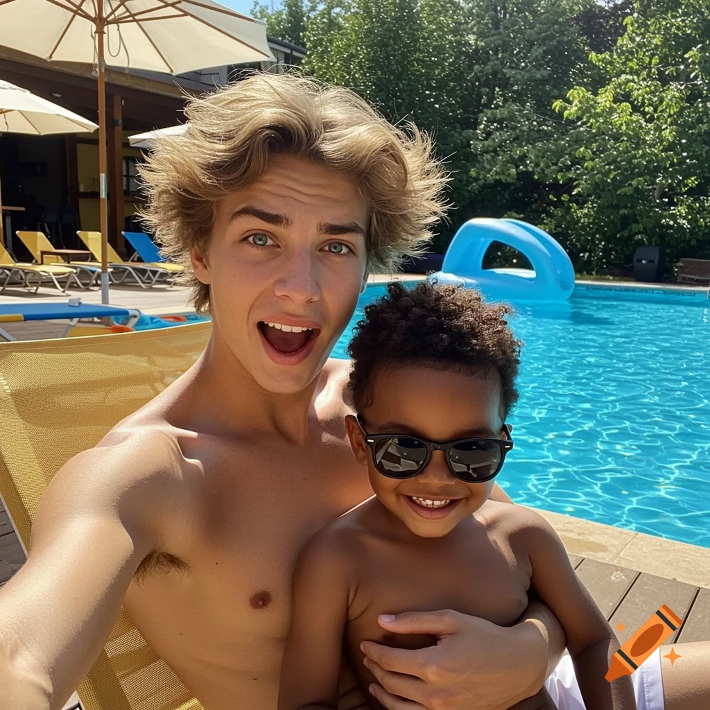 A young man with blonde hair and blue eyes takes a selfie by a pool, holding a smiling child with an Afro and sunglasses.