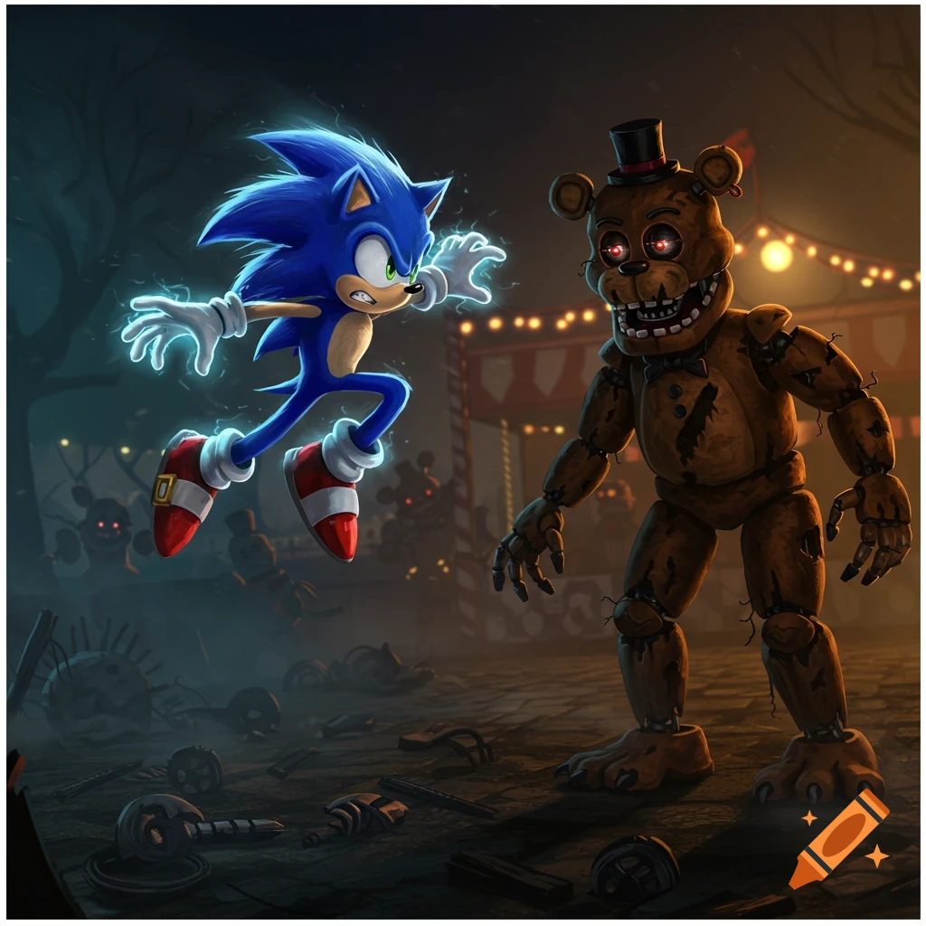 Sonic the Hedgehog confronts Freddy Fazbear in a dark, dilapidated carnival setting filled with broken animatronics.