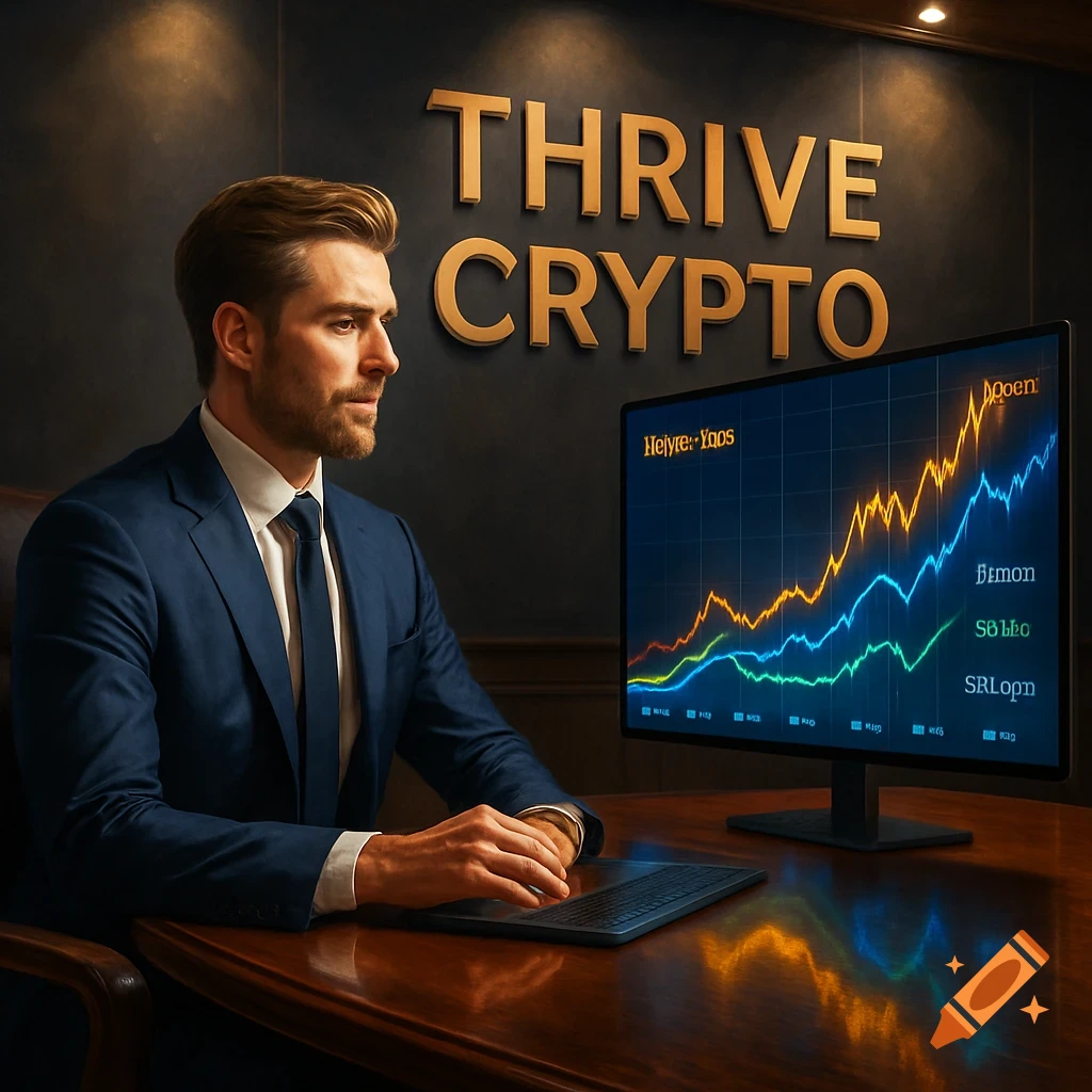 A businessman in a suit sits at a desk, looking at a computer monitor displaying cryptocurrency charts, with "THRIVE CRYPTO" in gold letters on the wall behind him.