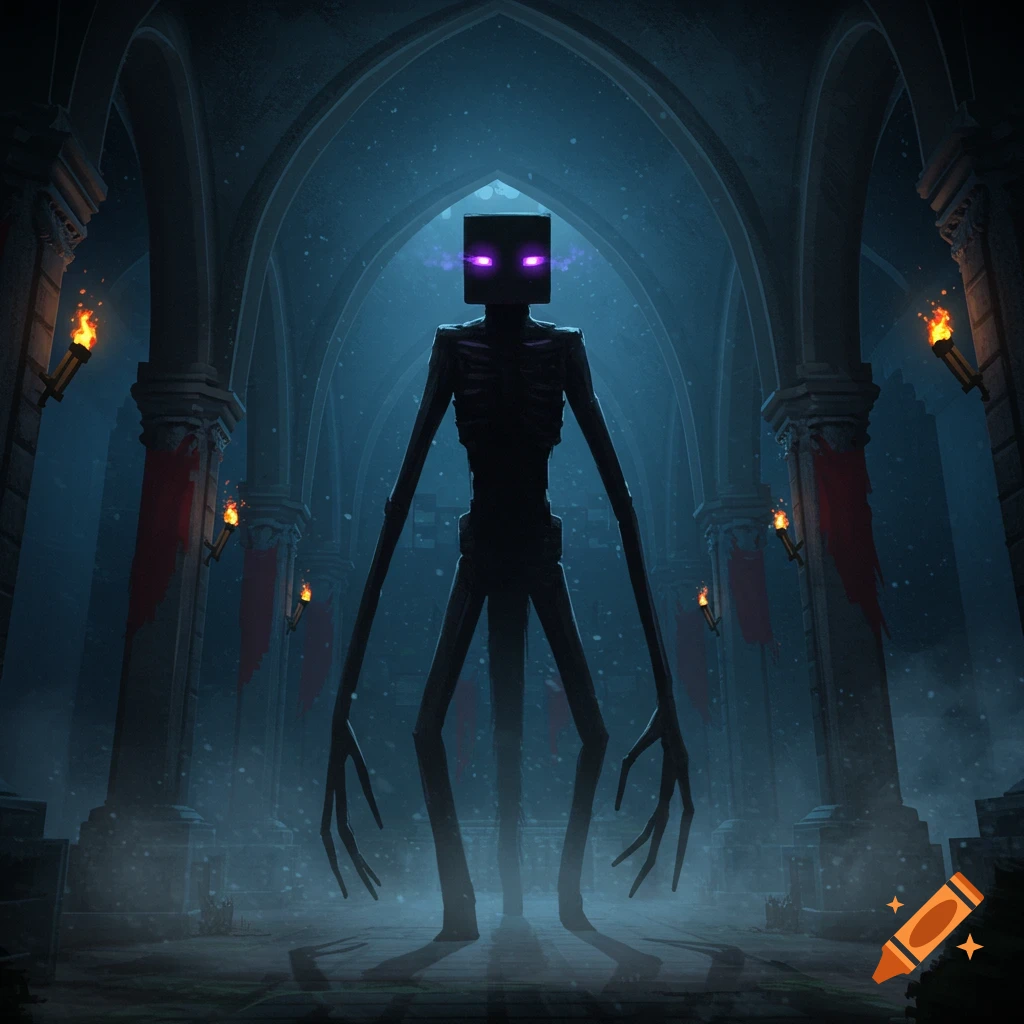 A tall, shadowy Enderman with glowing purple eyes stands in a dark, misty gothic castle hall with torches. Digital art.