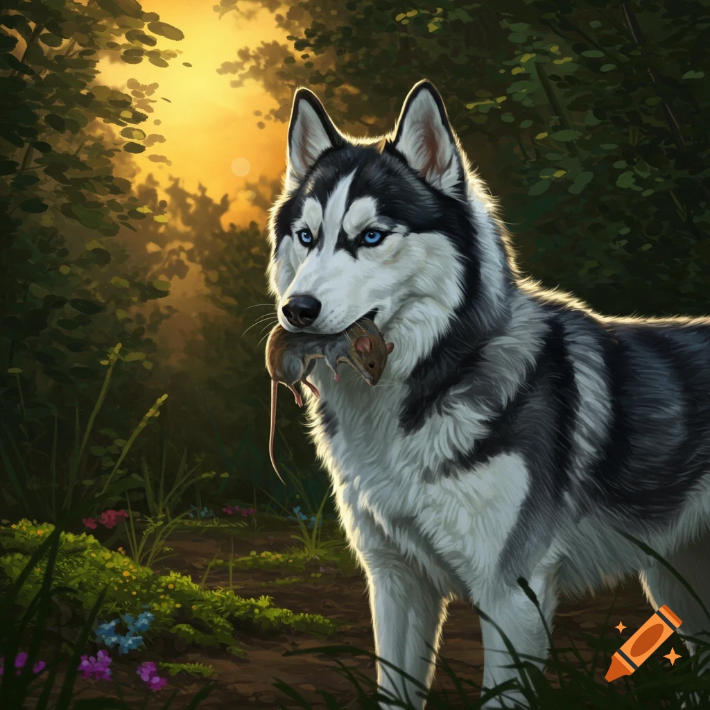 A husky with striking blue eyes holds two small mice in its mouth, standing in a sunlit forest, in a digital art style.