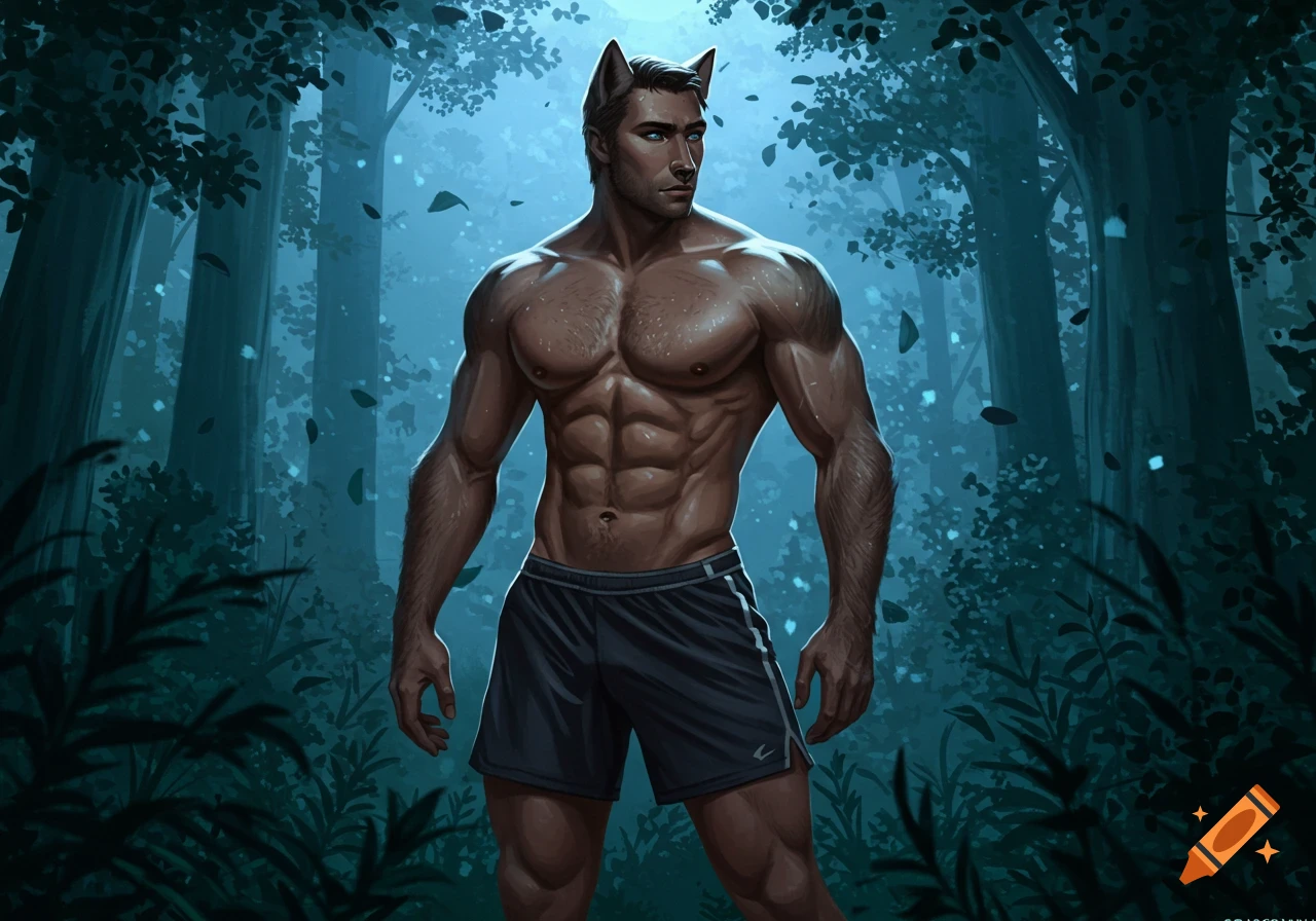 A muscular male werewolf with pointed ears, wearing black gym shorts, stands in a mystical, blue-toned forest at night.