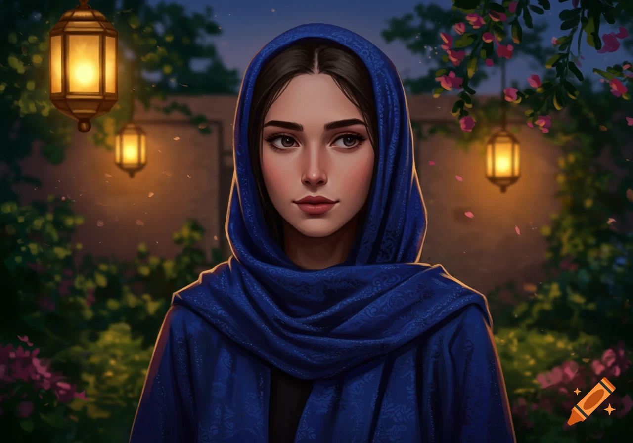 A digital art portrait of a woman wearing a deep blue hijab, looking to the side, in a dimly lit garden with lanterns and pink flowers.
