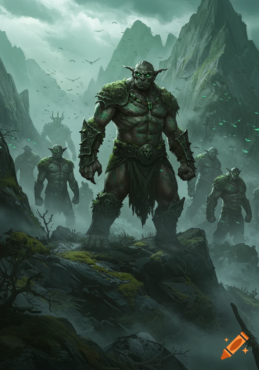 A group of green-skinned, muscular troll-like creatures with glowing eyes stand in a misty, mossy fantasy mountain landscape, digital art.