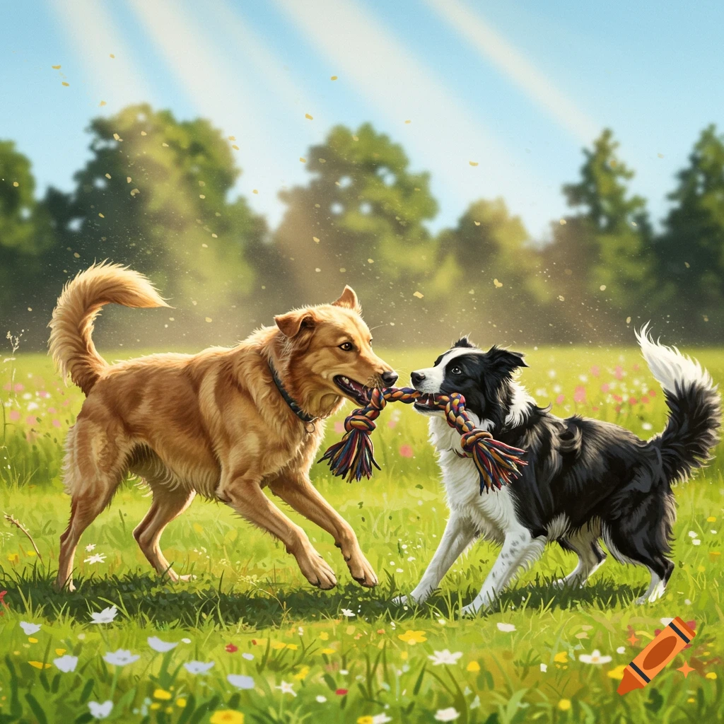 A golden-colored dog and a black and white border collie play tug-of-war with a colorful rope toy in a sunny, wildflower-filled meadow.