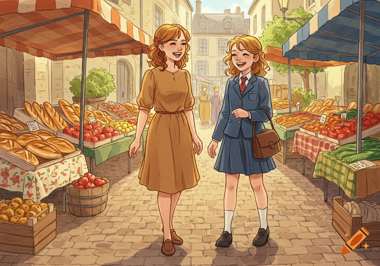 A traditional illustration shows two smiling girls walking through a bustling French marketplace with stalls of bread and fruit.