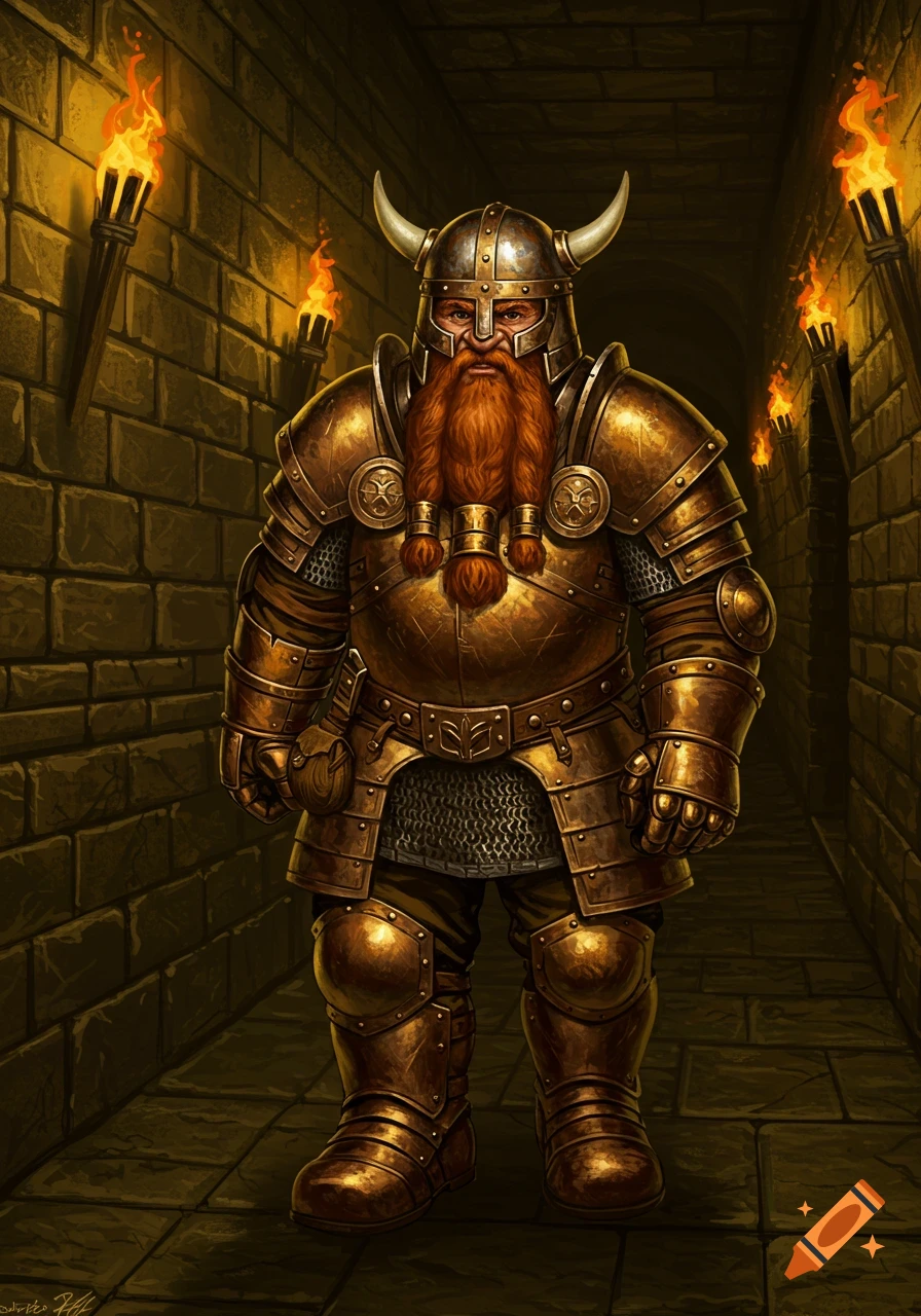 A fantasy dwarf warrior in golden horned armor stands in a torch-lit dungeon corridor in a D&D art style.