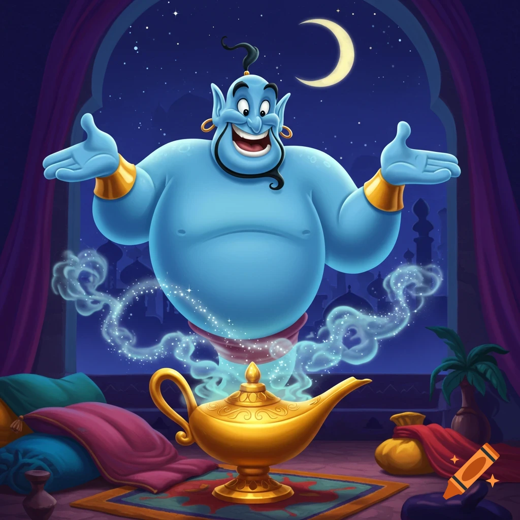 A smiling blue genie with arms outstretched, emerging from a golden magic lamp in a dark, starry room with a crescent moon. Cartoon style.