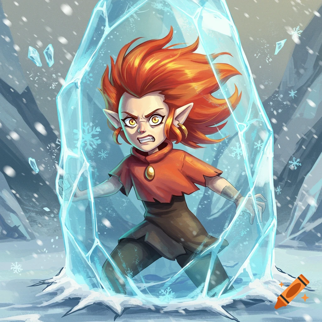 Furious red-haired elf-like teenager frozen in a block of ice in a snowy landscape, stylized cartoon art.
