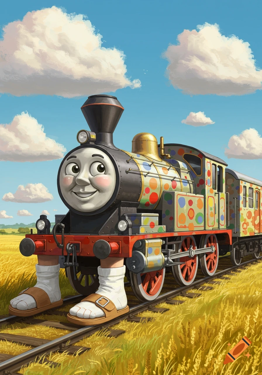 A cartoon train with a smiling face, polka dots, human legs, white socks, and sandals on train tracks in a golden field.