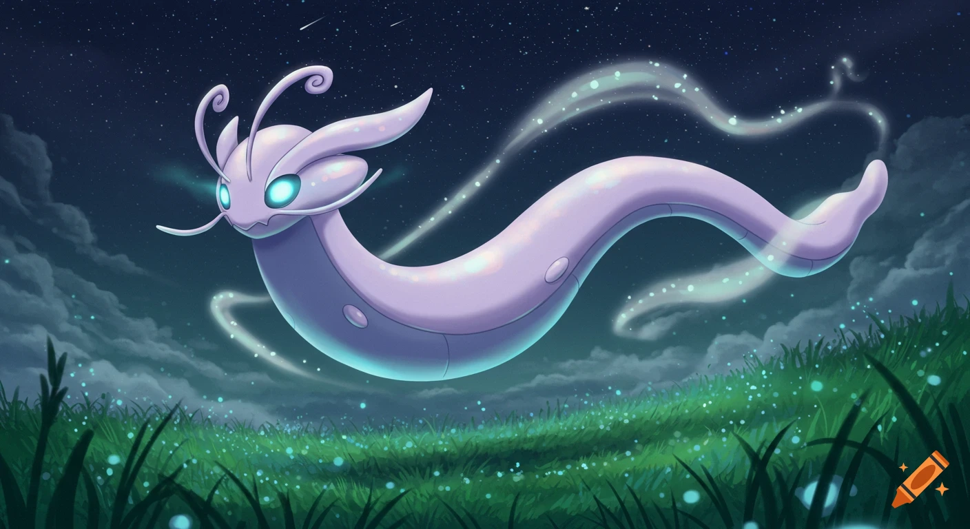 A lavender, slug-like creature with glowing blue eyes floats over glowing grass at night under a starry sky, with wispy trails behind it.
