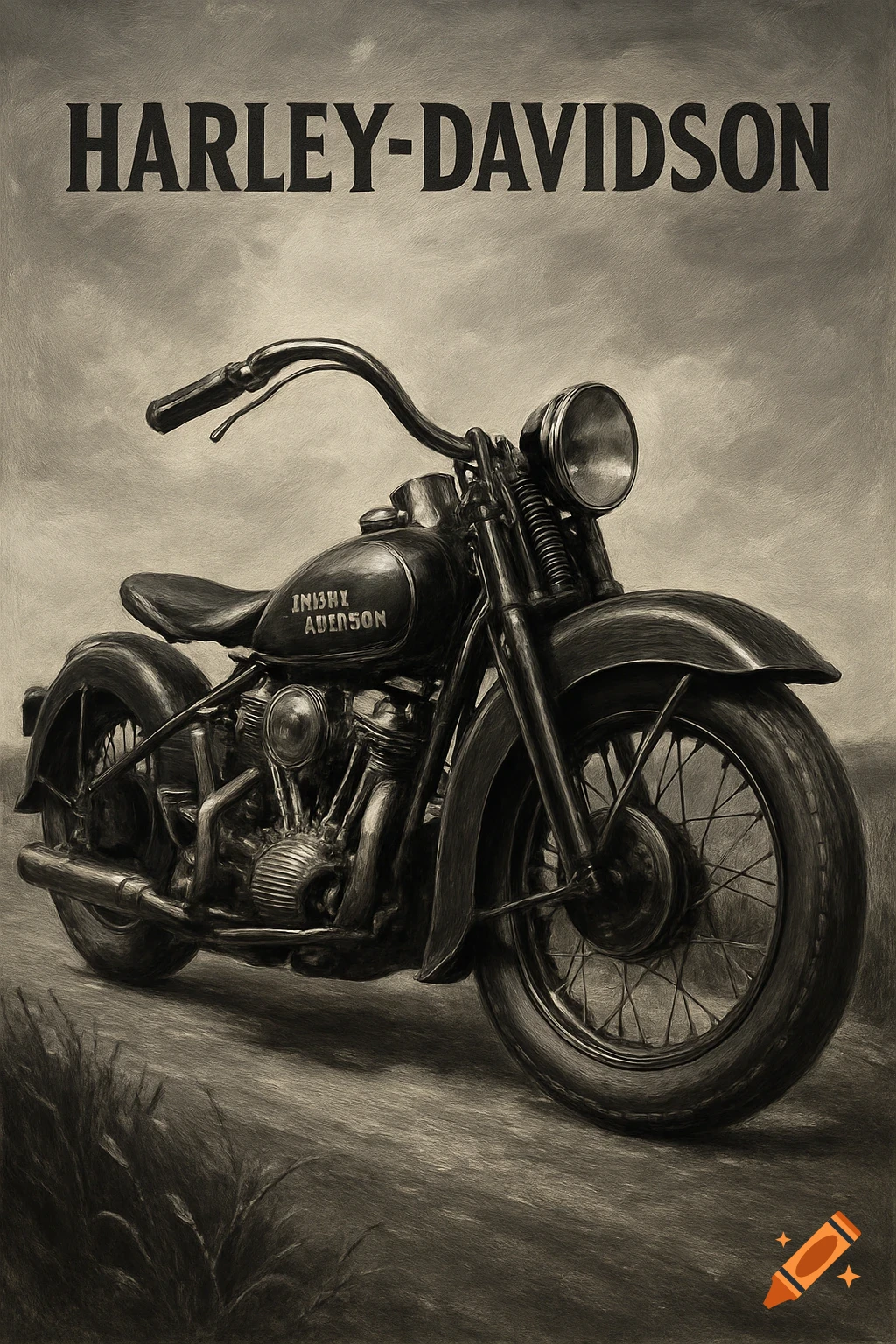 Vintage black and white oil painting of a Harley-Davidson motorcycle on a dirt road, with "HARLEY-DAVIDSON" text at the top.