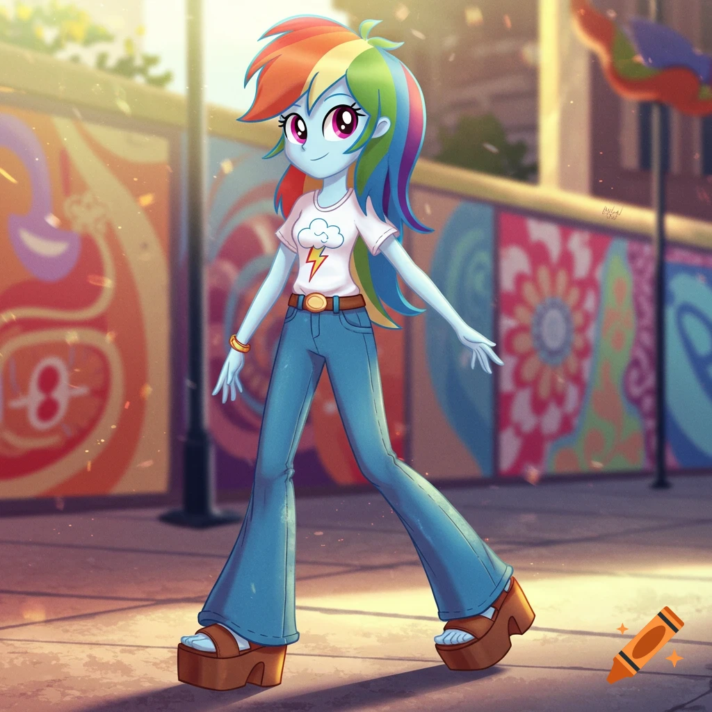 Rainbow Dash from Equestria Girls in 70s fashion, wearing bell-bottoms and platform sandals, walks on a street with murals.
