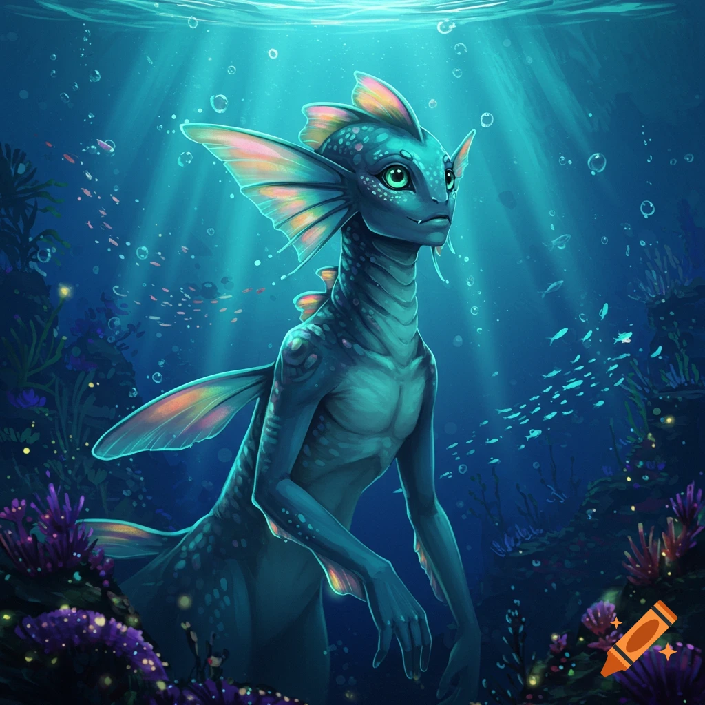 A blue-green, fish-like humanoid creature with fins and scales swims in a vibrant underwater scene with sunlight, coral, and small fish.