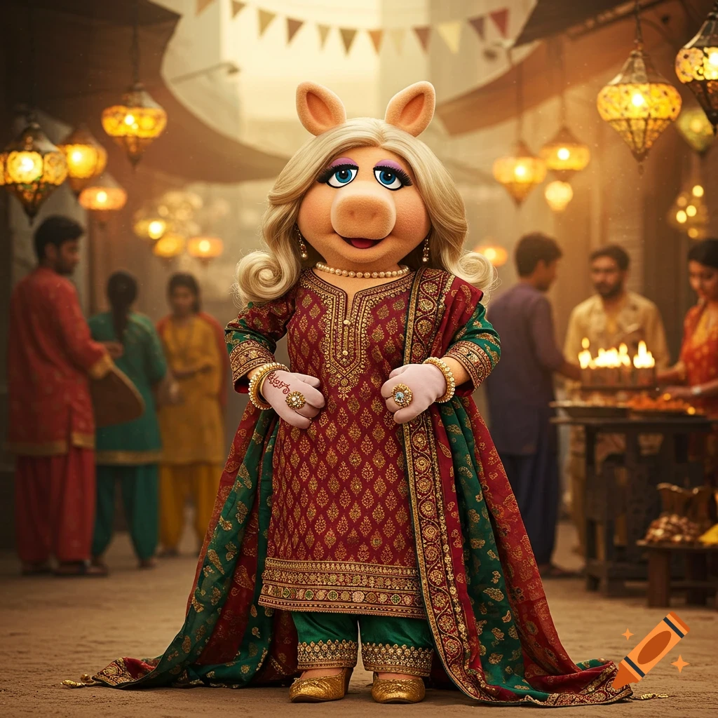Miss Piggy wears a red and green Pakistani dress and jewelry, standing in a bustling market with lanterns and people.