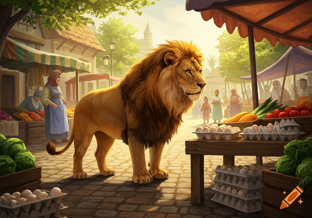 A majestic lion stands in a bustling, sunny outdoor market filled with people and produce stalls in a painterly style.