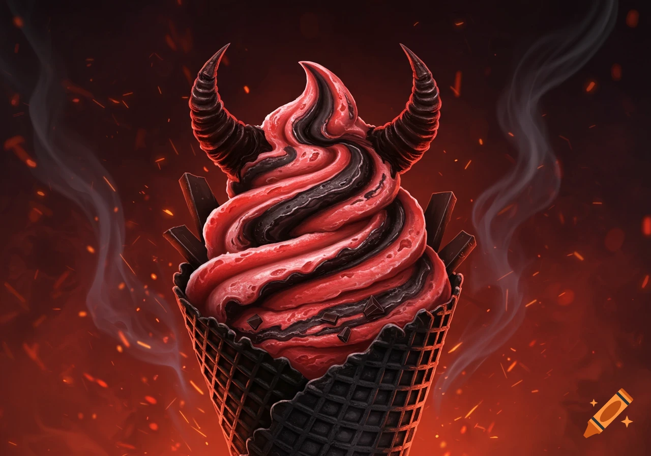 Red and black swirled ice cream with devil horns in a black waffle cone, set against a fiery, smoky red background.