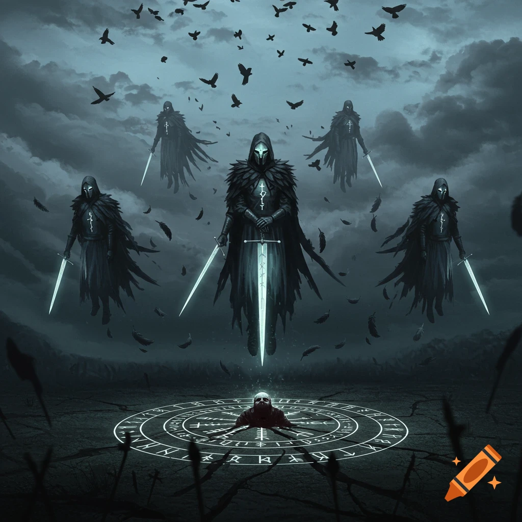Five hooded, cloaked figures with glowing swords descend from a cloudy, dark sky, surrounded by ravens and falling feathers, over a glowing runic circle on cracked ground with a skull.