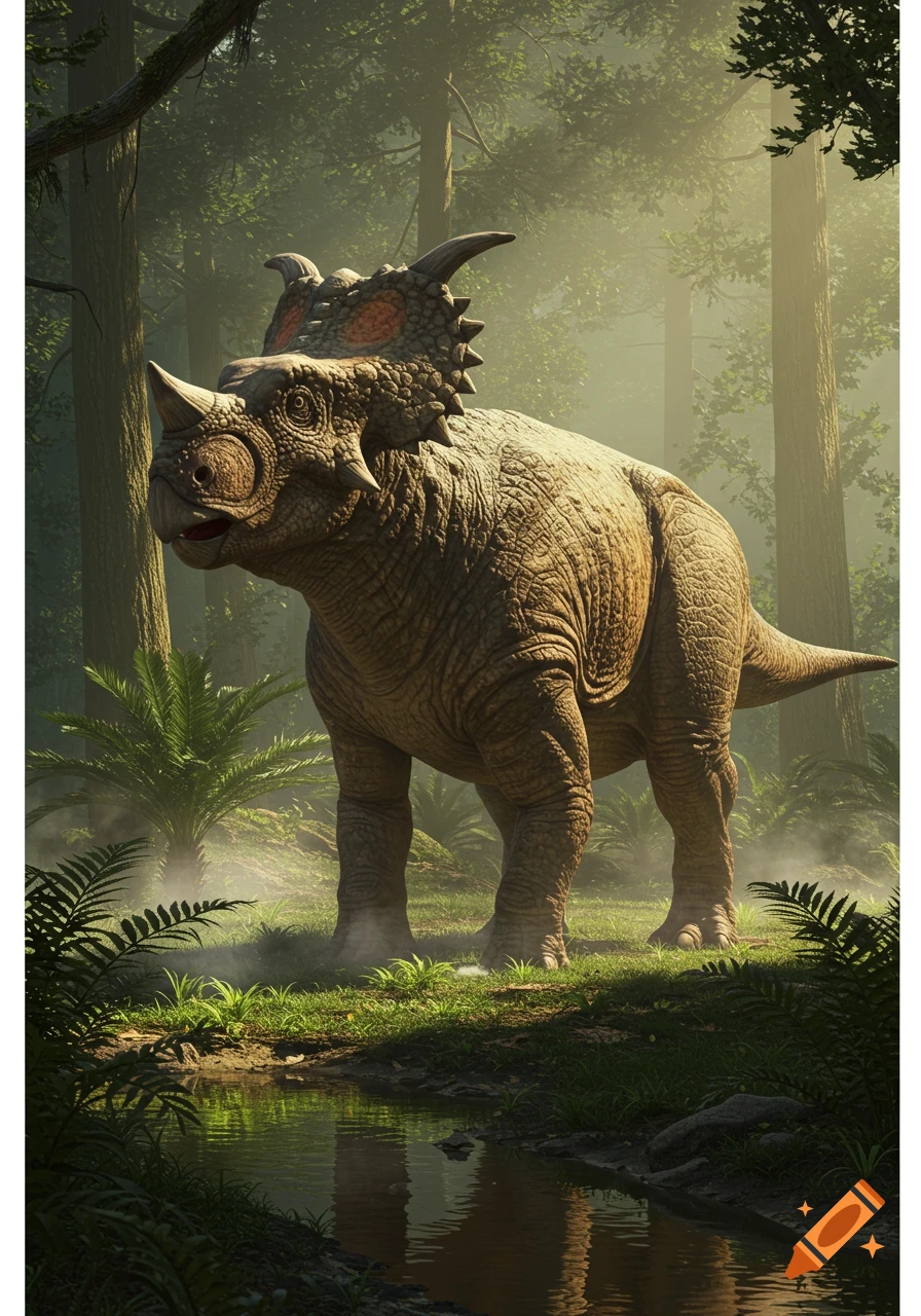 A photorealistic Pachyrhinosaurus stands in a misty, sunlit prehistoric forest with a small stream.