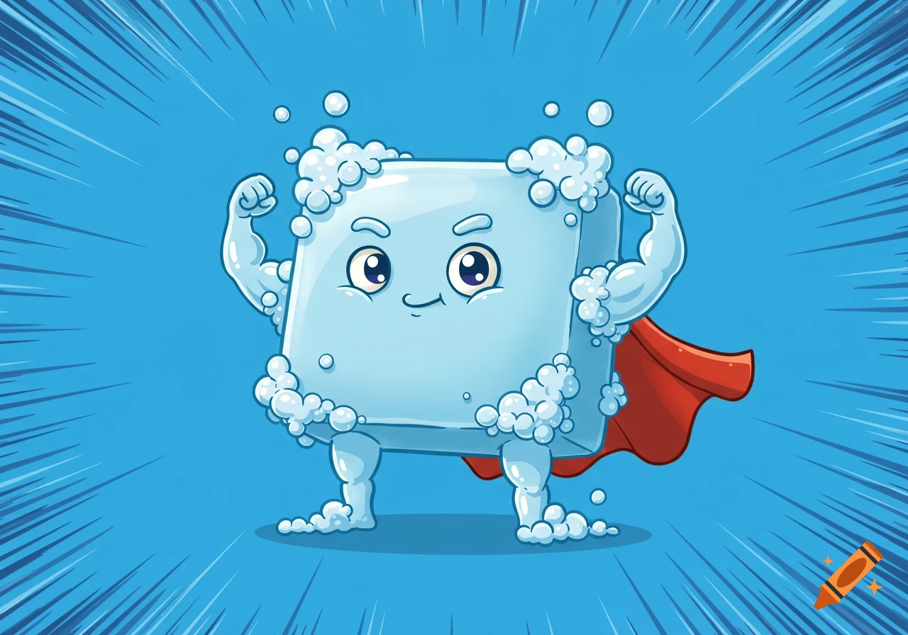 A cartoon superhero soap bar with a confident smirk, muscular bubble arms, and a red cape, on a blue background.