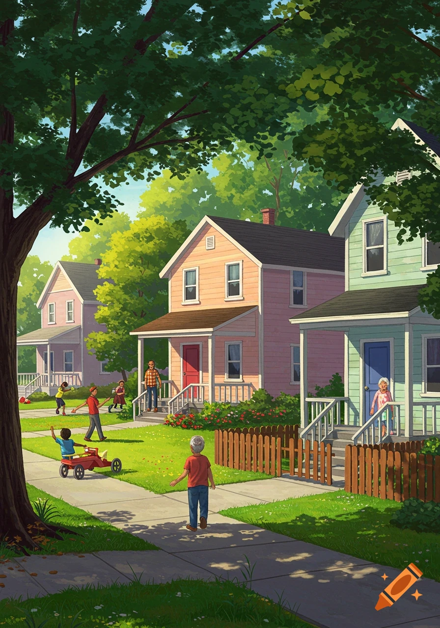 Illustrated scene of a colorful suburban neighborhood with children playing in yards and on sidewalks on a sunny day.