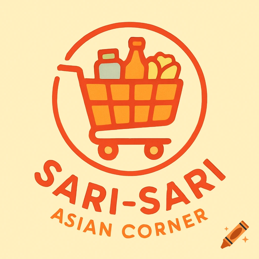 Minimalist orange and yellow logo for 'Sari-Sari Asian Corner' featuring a shopping cart with groceries inside, encircled.
