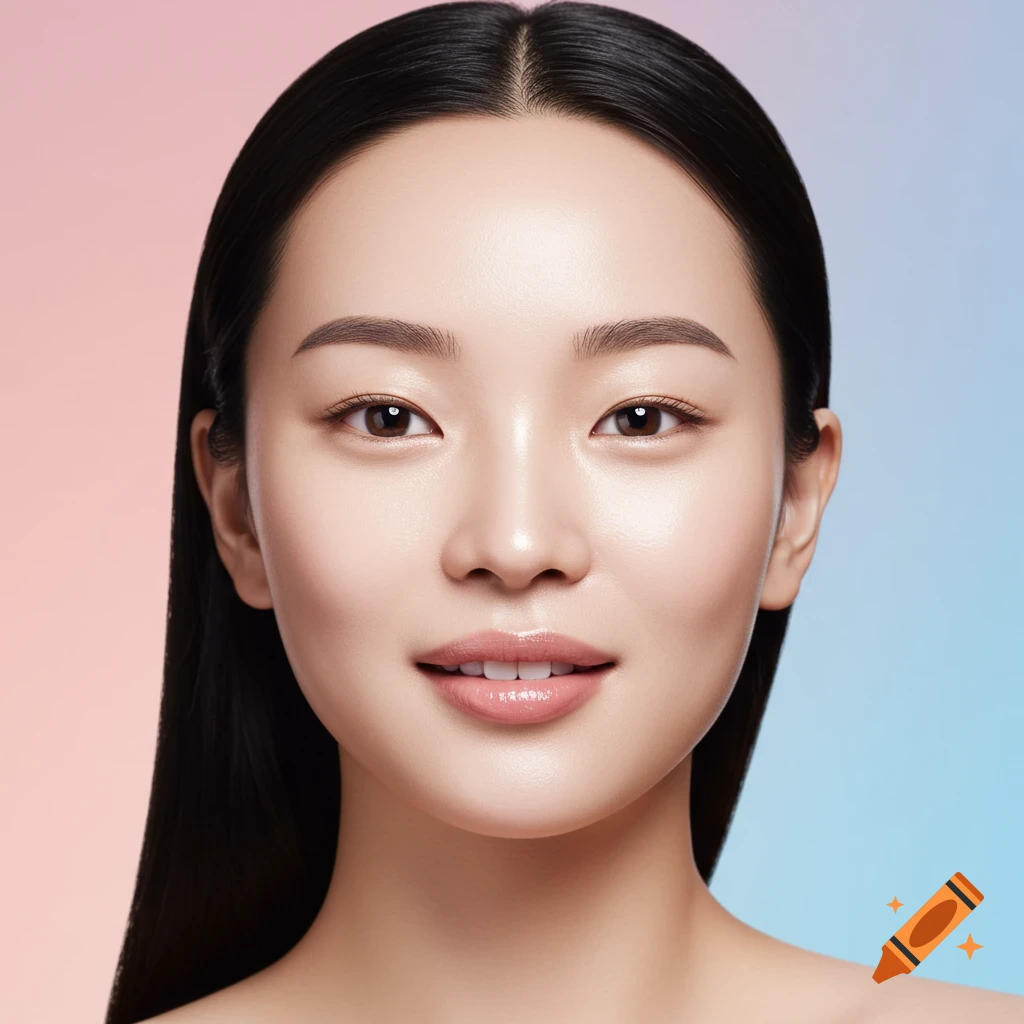 Close-up photorealistic portrait of a young Asian woman with clear, glowing skin, black hair, and a slight smile, against a pink and blue gradient background.