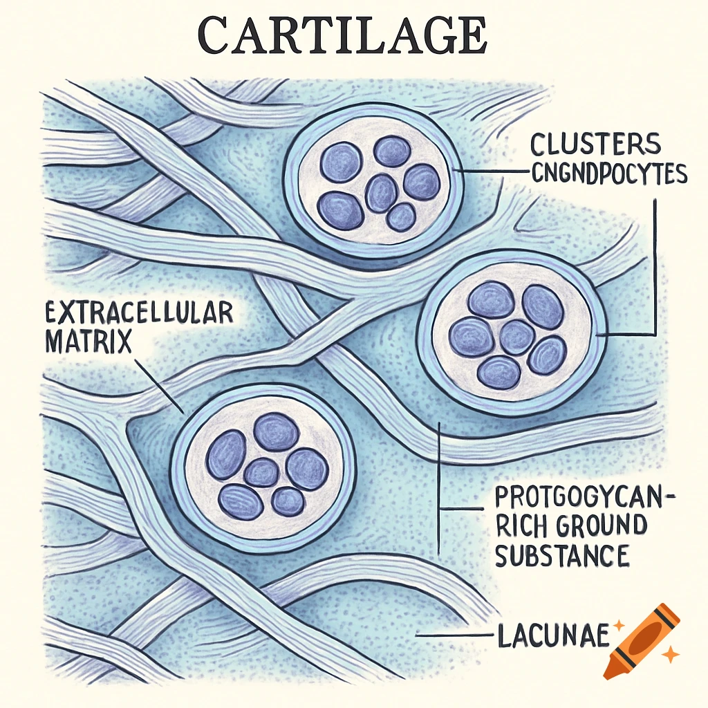 Illustrated diagram of cartilage tissue showing cells in lacunae surrounded by extracellular matrix and ground substance.