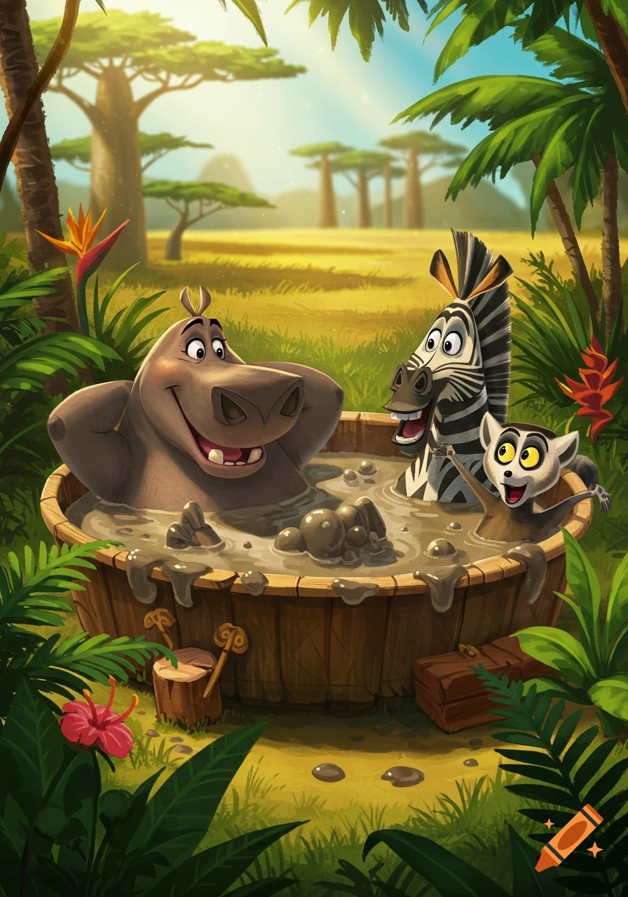 Gloria the hippo, Marty the zebra, and Mort the lemur relaxing in a wooden mud bath in a sunny jungle. Cartoon style.