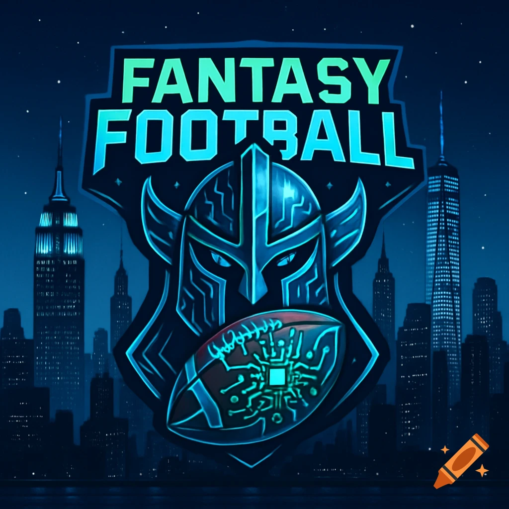 Fantasy Football logo with a stylized warrior helmet, circuit board football, and a neon-lit New York City skyline at night.