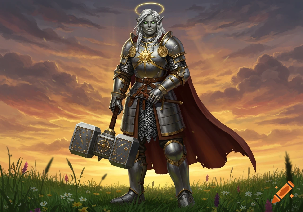 Gray-skinned female orc paladin in silver and gold armor with a halo, holding a warhammer, in a grassy field at sunset.