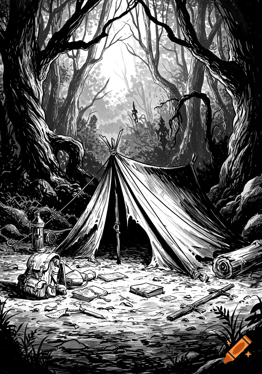 Black-and-white illustration of an abandoned, collapsed tent and scattered gear in a dark, ominous forest, in an early D&D comic style.