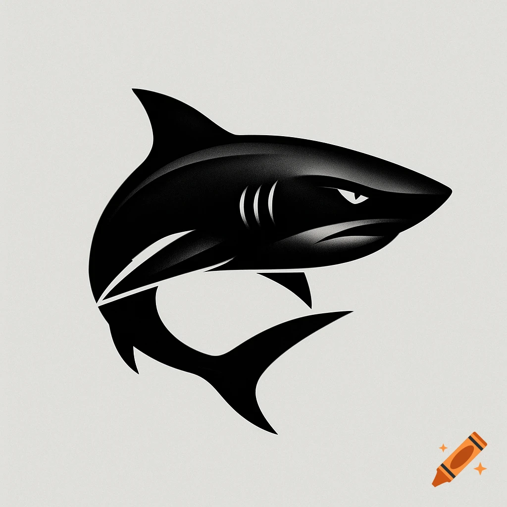 Stylized black shark logo with an aggressive expression on a light gray background.