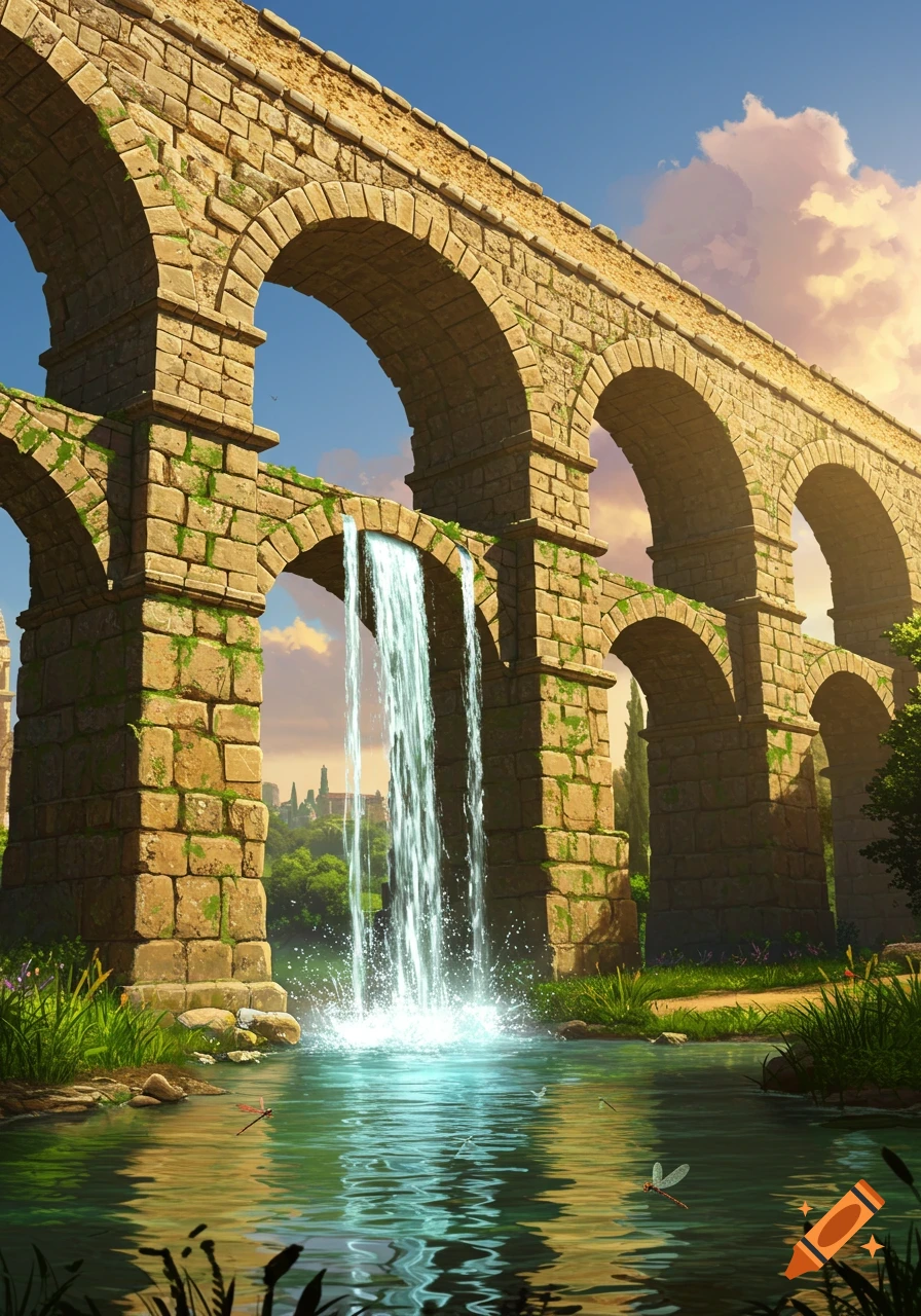 A scenic view of an ancient stone aqueduct with a waterfall cascading into a clear stream, surrounded by green nature under a bright sky.
